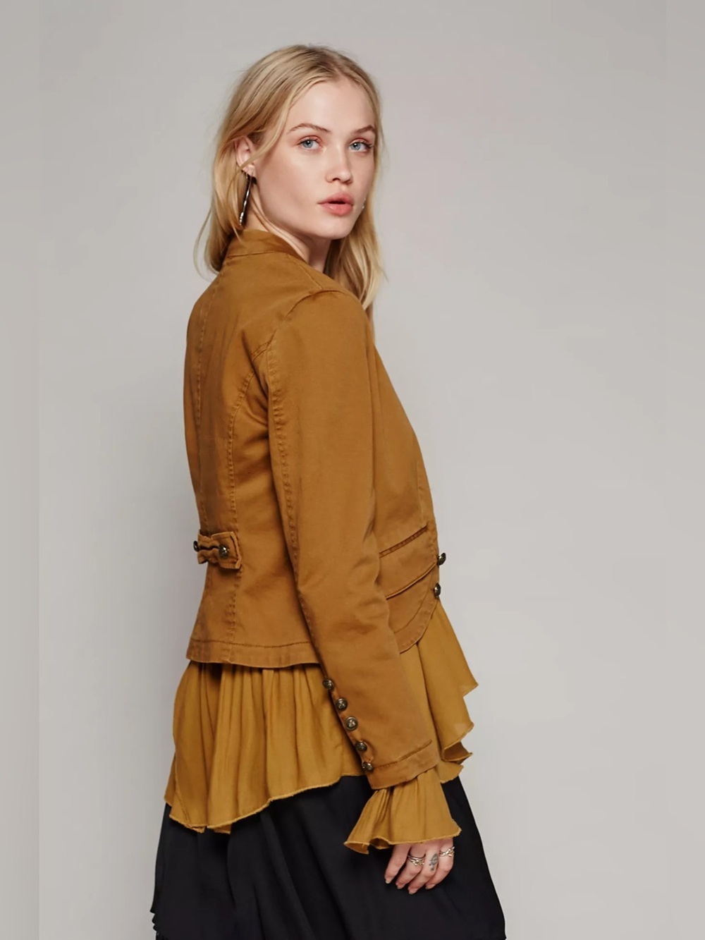 Free People Ruffle Hem Military Jacket XS Mustard Brown Boho Victorian - Picture 3 of 13